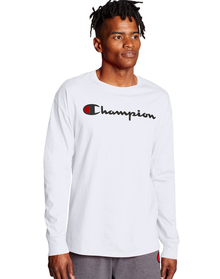 Champion Mens T-Shirt NZ - Classic Long-Sleeve Script Logo White ( 3825-QKORL )